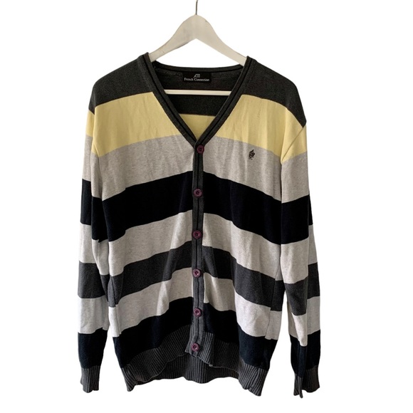 French Connection Women’s Striped Cardigan Size Medium Layer Preppy Yellow - Picture 1 of 10